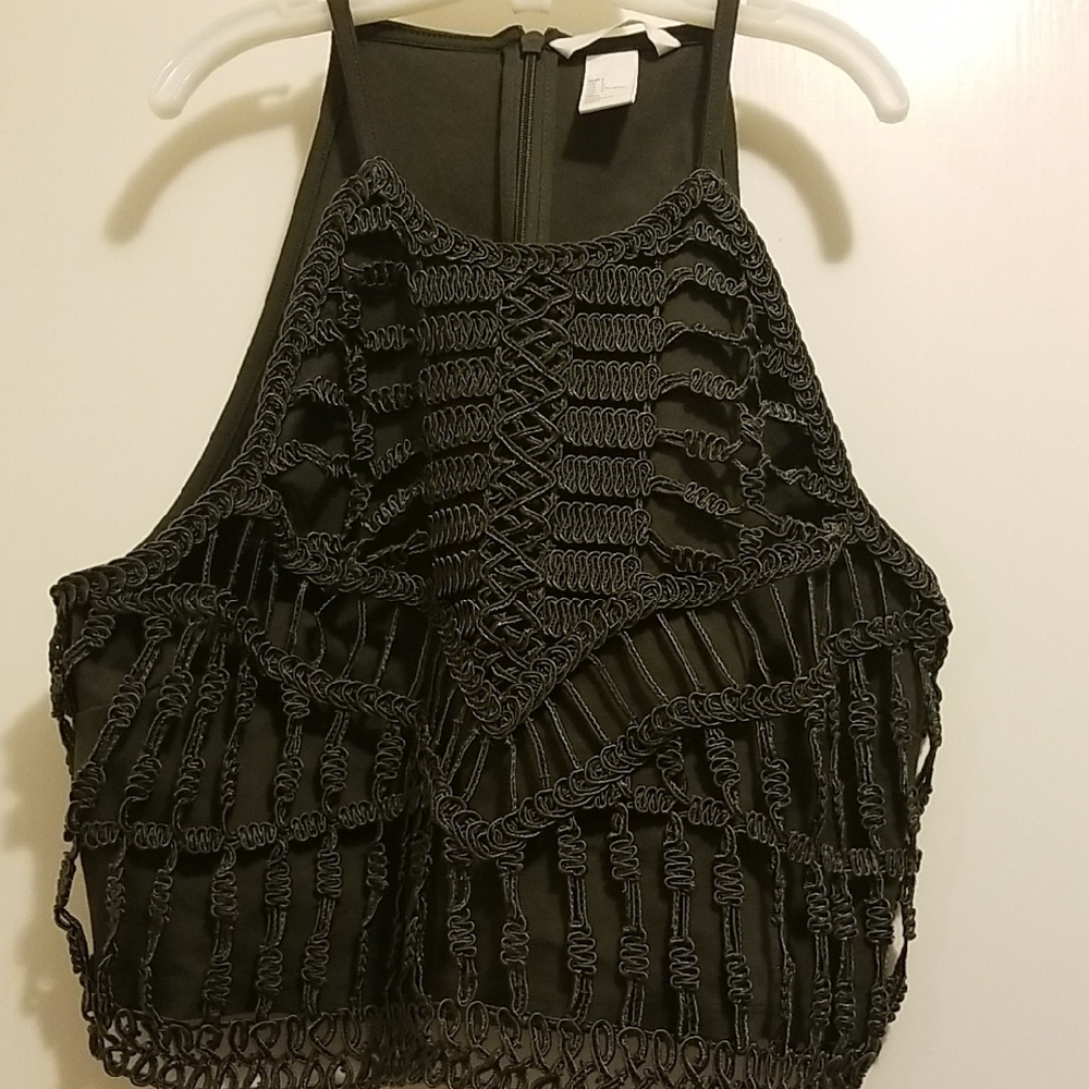 H&M Black Crochet Halter Top Deep Green